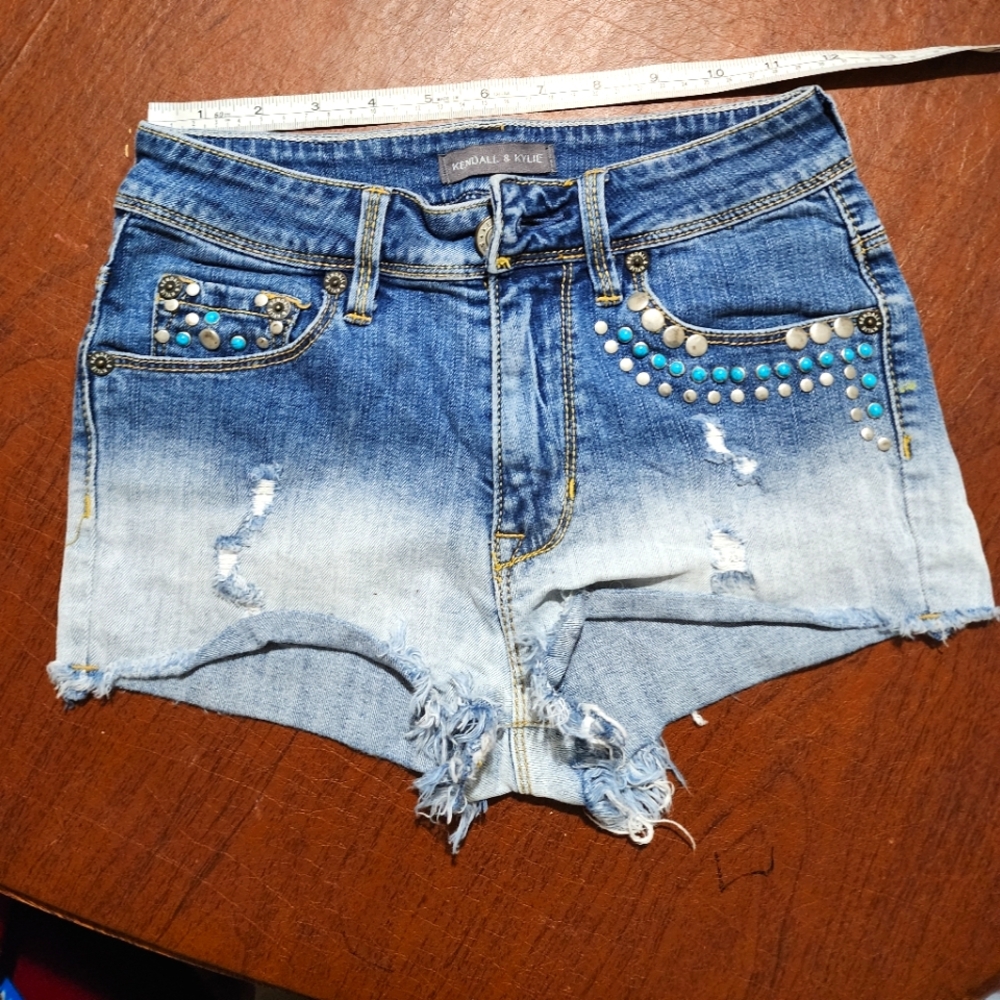 Kendall & Kylie Blue Jean Shorts with Distressed Ombré Design